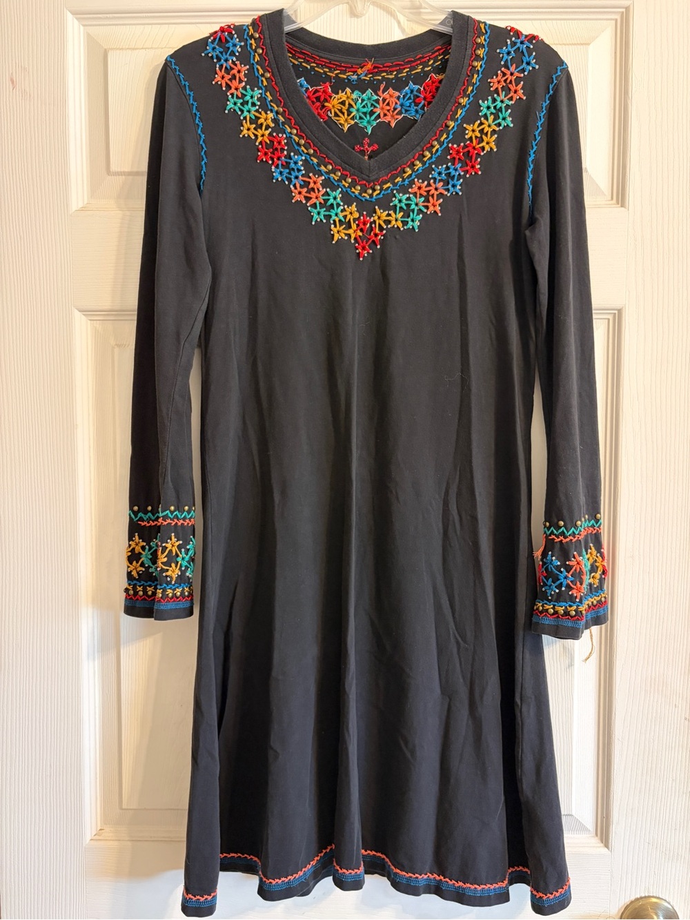 Double D Ranch Long-Sleeve V-Neck Dress with Multicolor Embroidery
